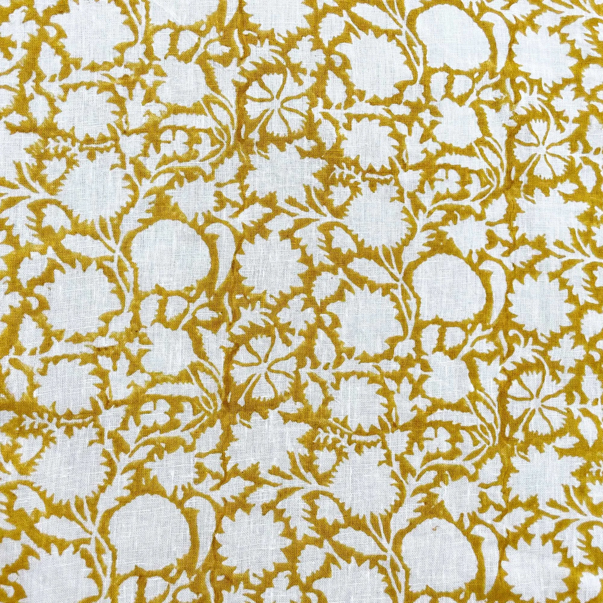 Chartreuse Floral Block Print Linen Fabric