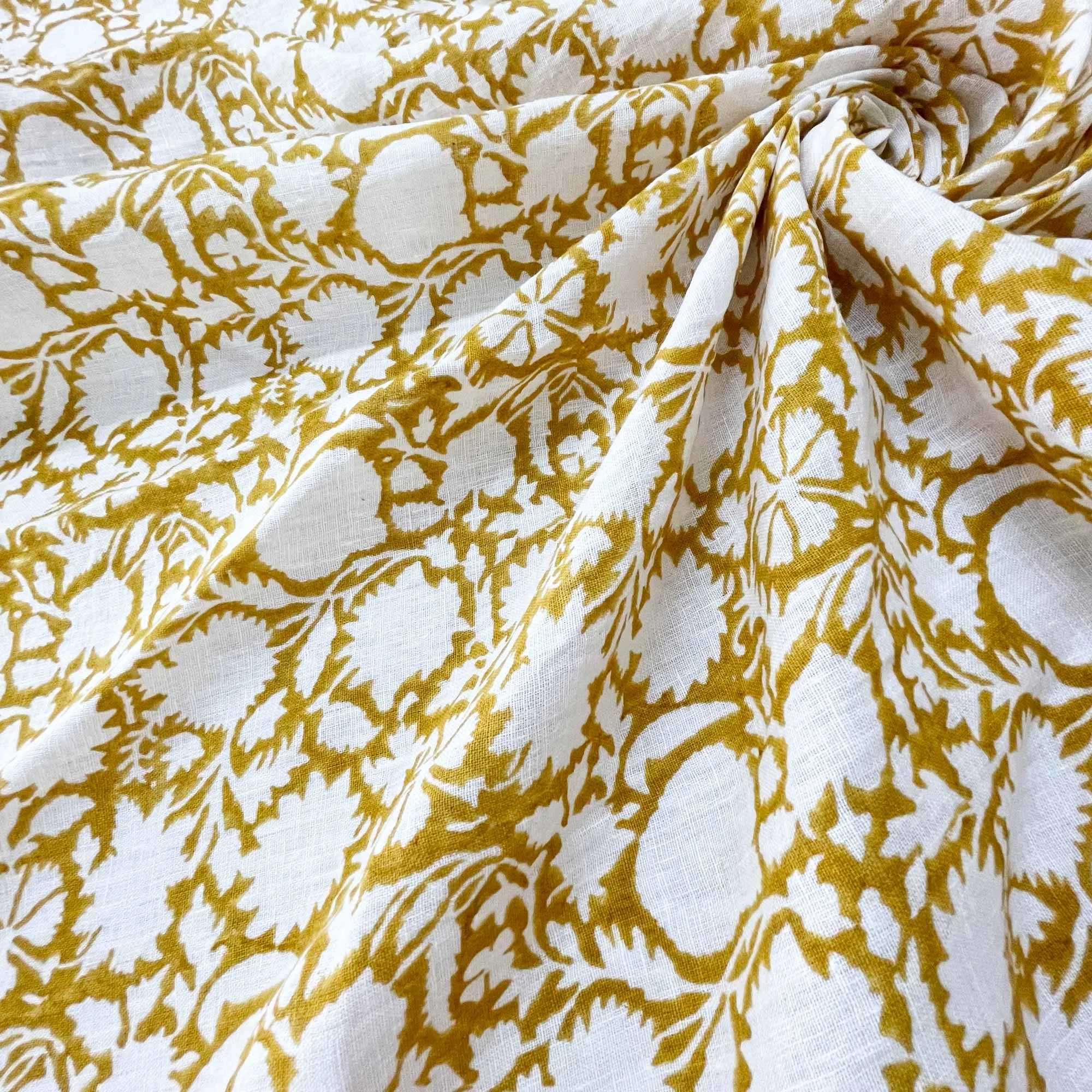 Chartreuse Floral Block Print Linen Fabric