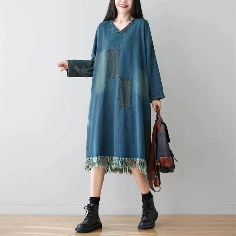 Denim V-Neck Dress with Fringe Detail