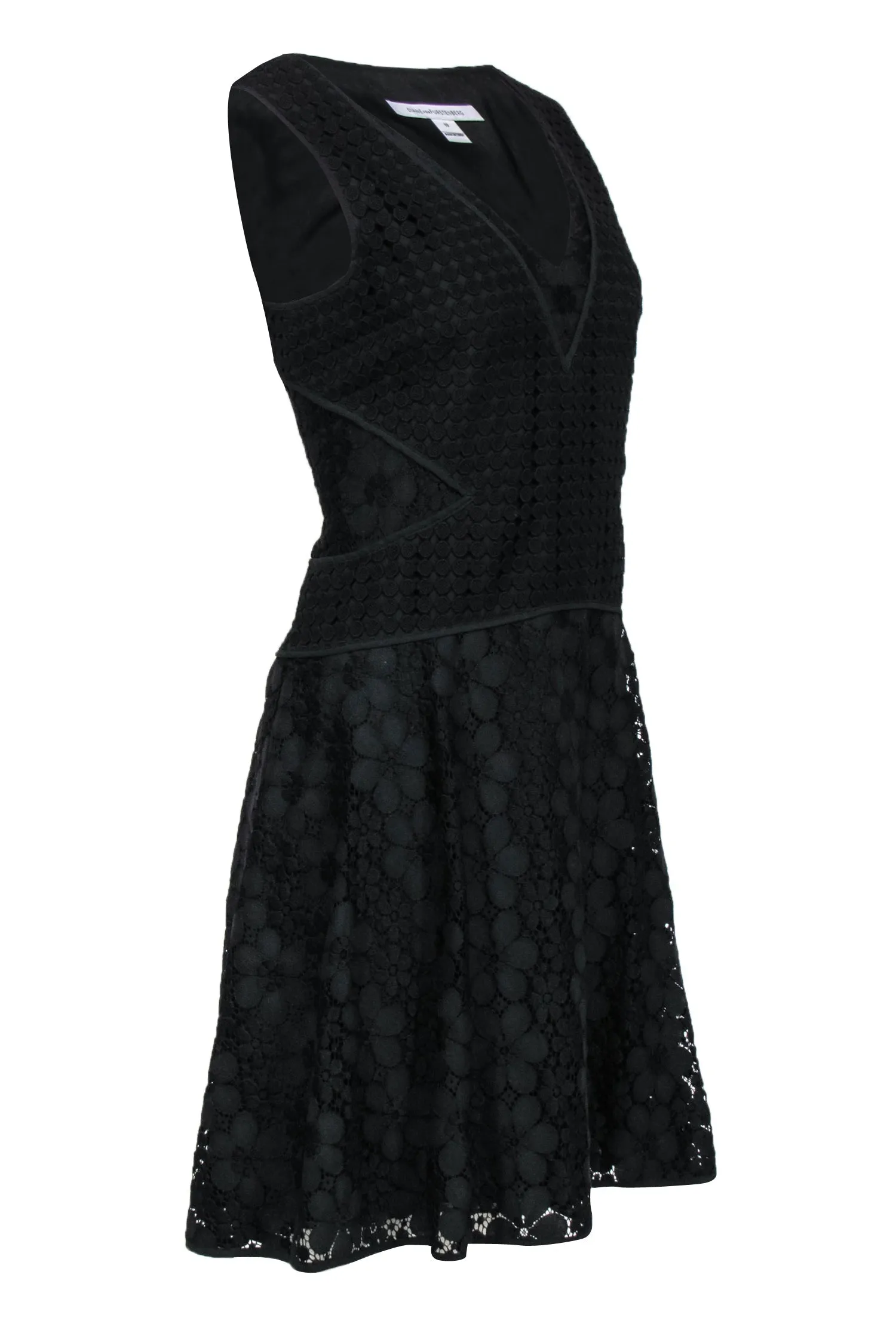 Diane von Furstenberg - Black Eyelet Floral Lace Cotton Blend Dress Sz 10