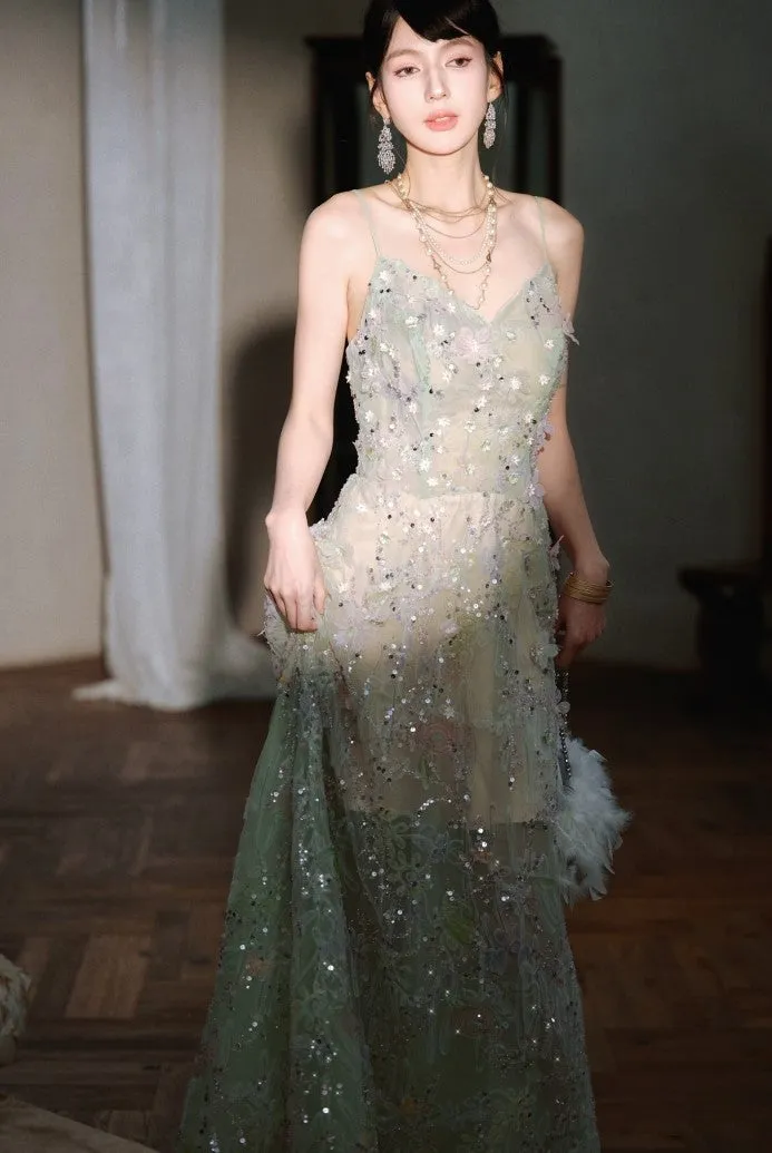 DOLLY Elegant Sleeveless Flower Embroidered Sequin Suspender Party Dress-Kosi