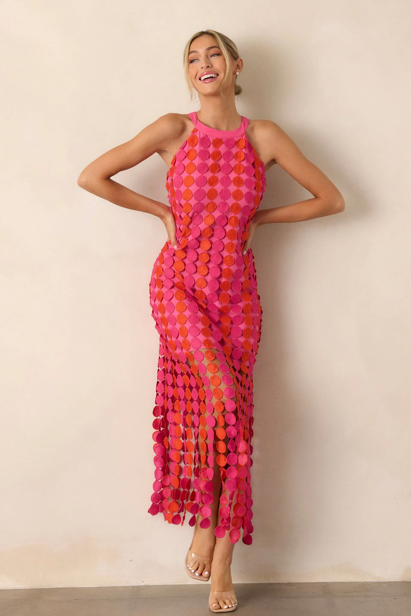 Dream Avenue Hot Pink Fringe Halter Top Midi Dress