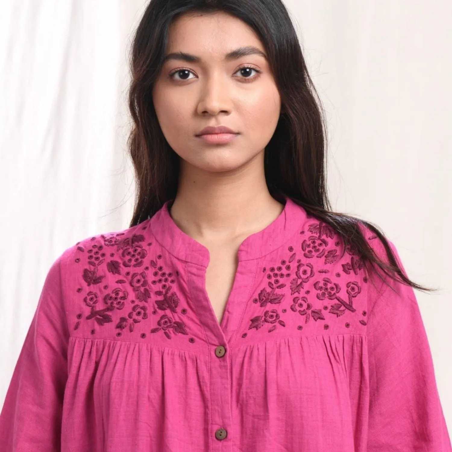 Flared Shirt Dress | Hand-Embroidery | Cotton Muslin | Magenta | Comfy Fit