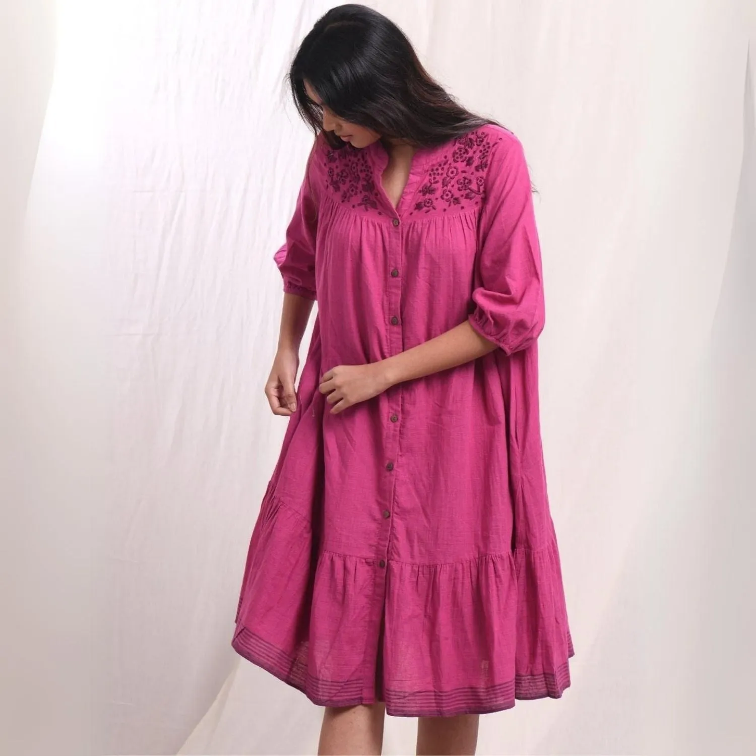 Flared Shirt Dress | Hand-Embroidery | Cotton Muslin | Magenta | Comfy Fit