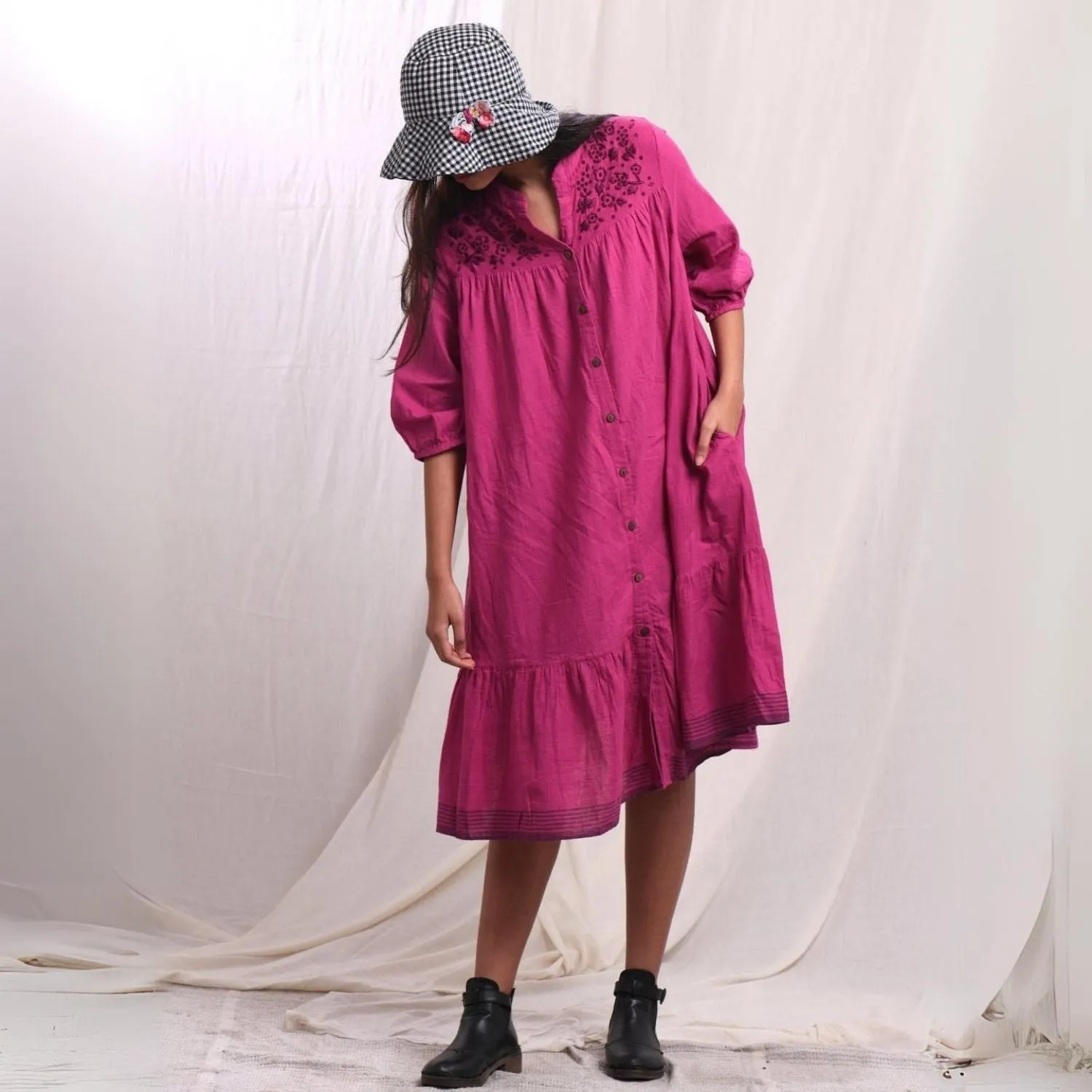 Flared Shirt Dress | Hand-Embroidery | Cotton Muslin | Magenta | Comfy Fit