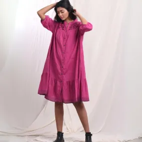 Flared Shirt Dress | Hand-Embroidery | Cotton Muslin | Magenta | Comfy Fit
