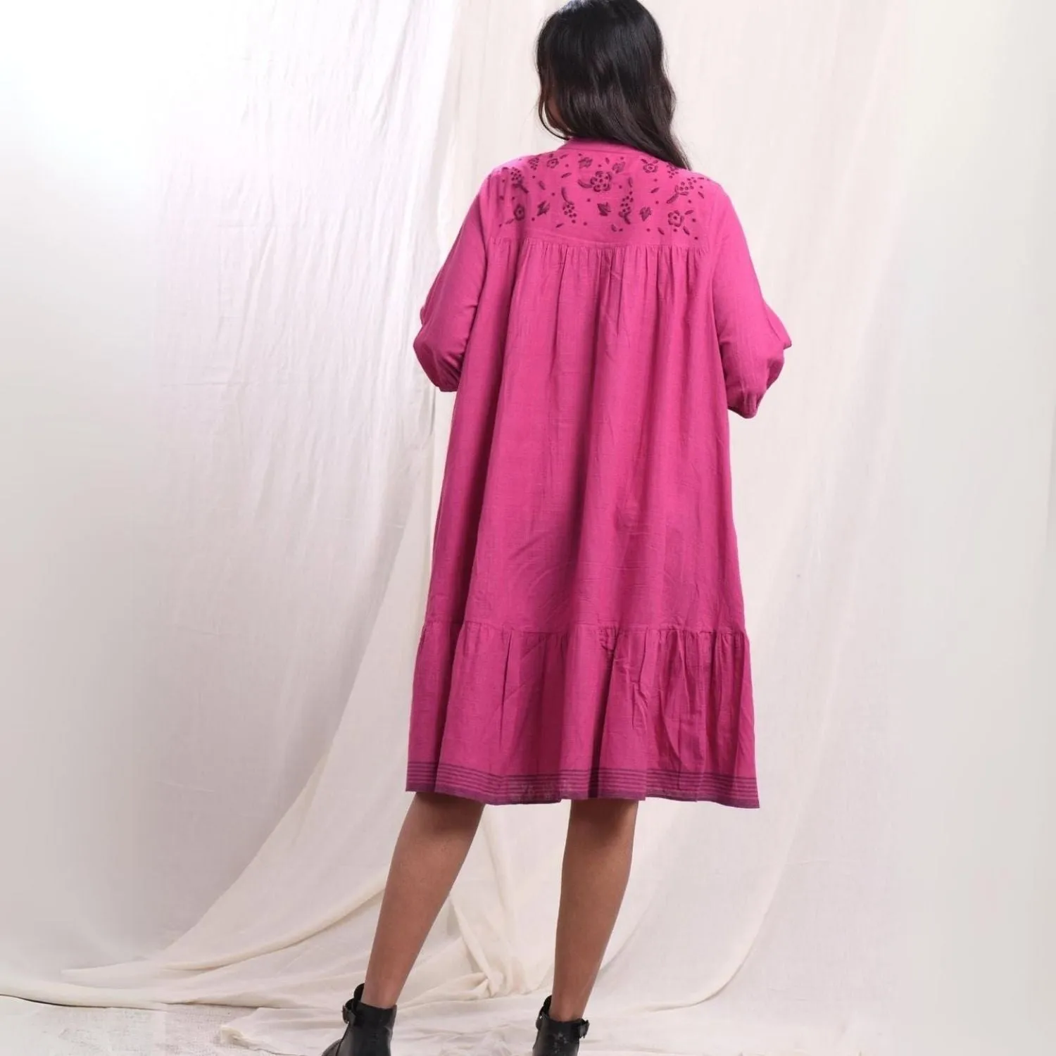 Flared Shirt Dress | Hand-Embroidery | Cotton Muslin | Magenta | Comfy Fit