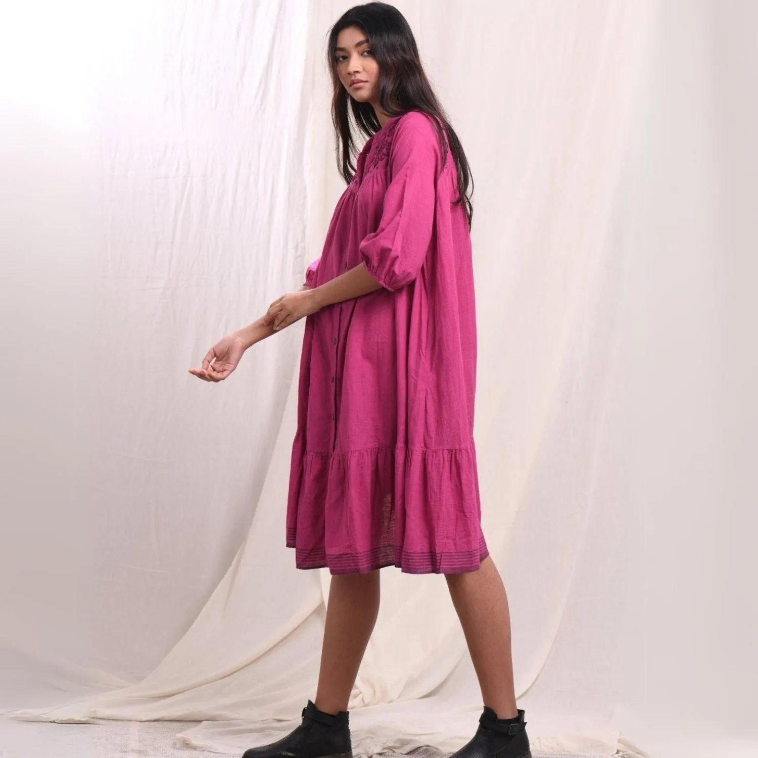 Flared Shirt Dress | Hand-Embroidery | Cotton Muslin | Magenta | Comfy Fit