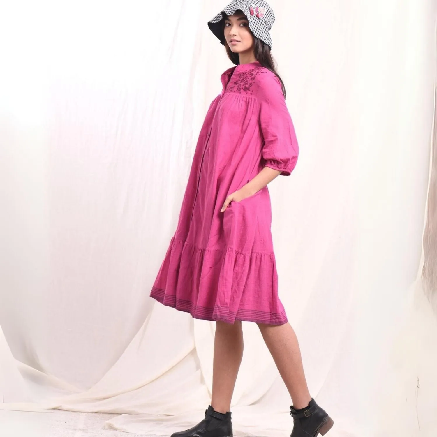 Flared Shirt Dress | Hand-Embroidery | Cotton Muslin | Magenta | Comfy Fit