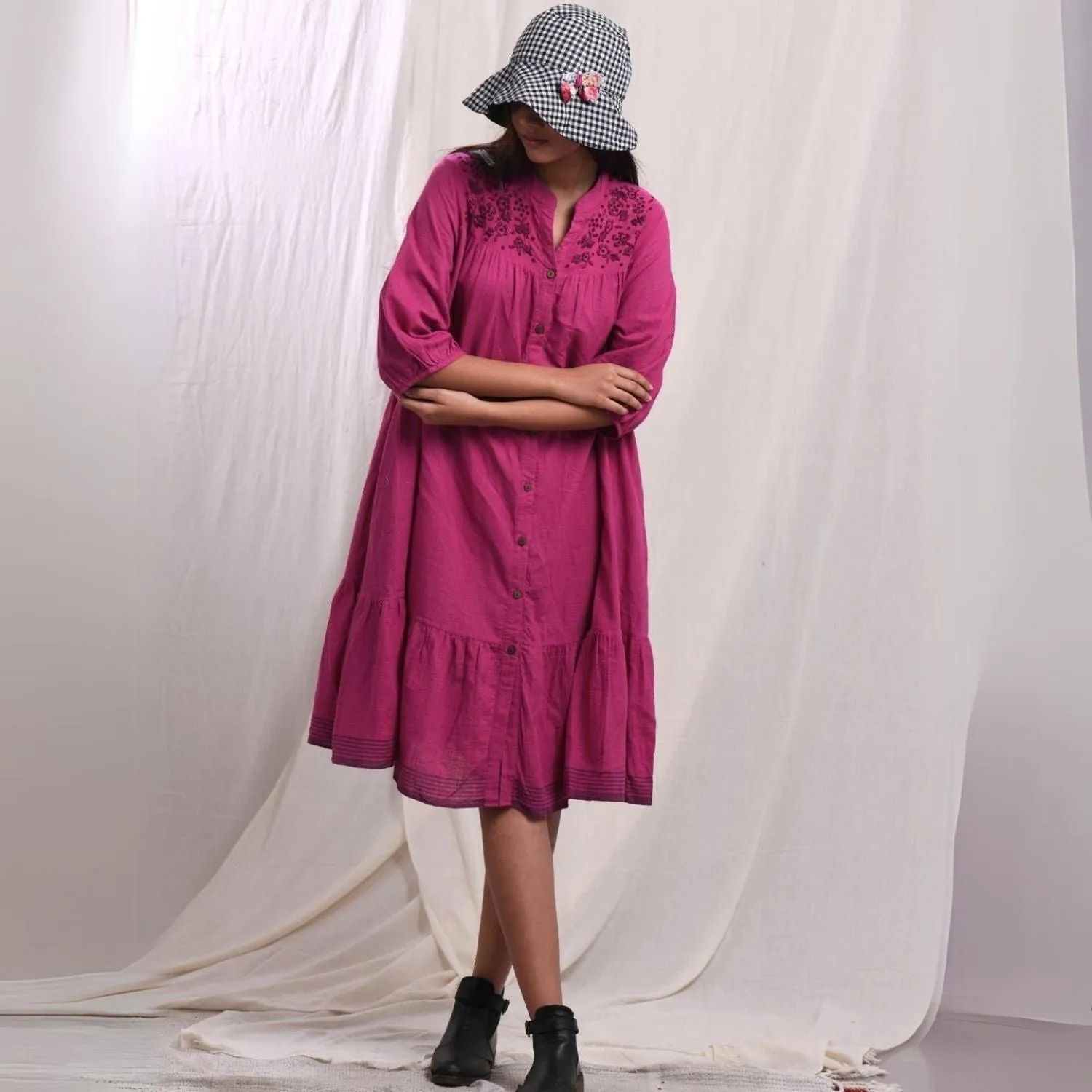 Flared Shirt Dress | Hand-Embroidery | Cotton Muslin | Magenta | Comfy Fit