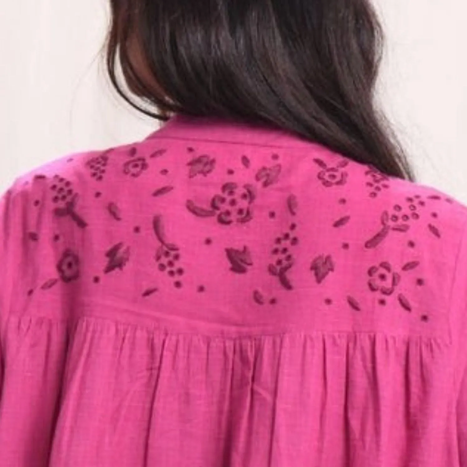 Flared Shirt Dress | Hand-Embroidery | Cotton Muslin | Magenta | Comfy Fit