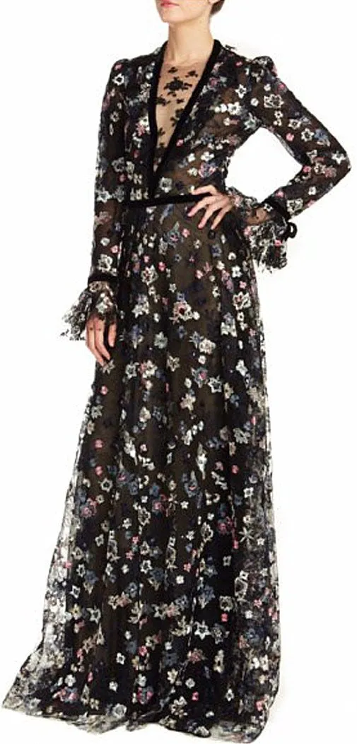 Floral Embroidered Mesh Overlay Gown