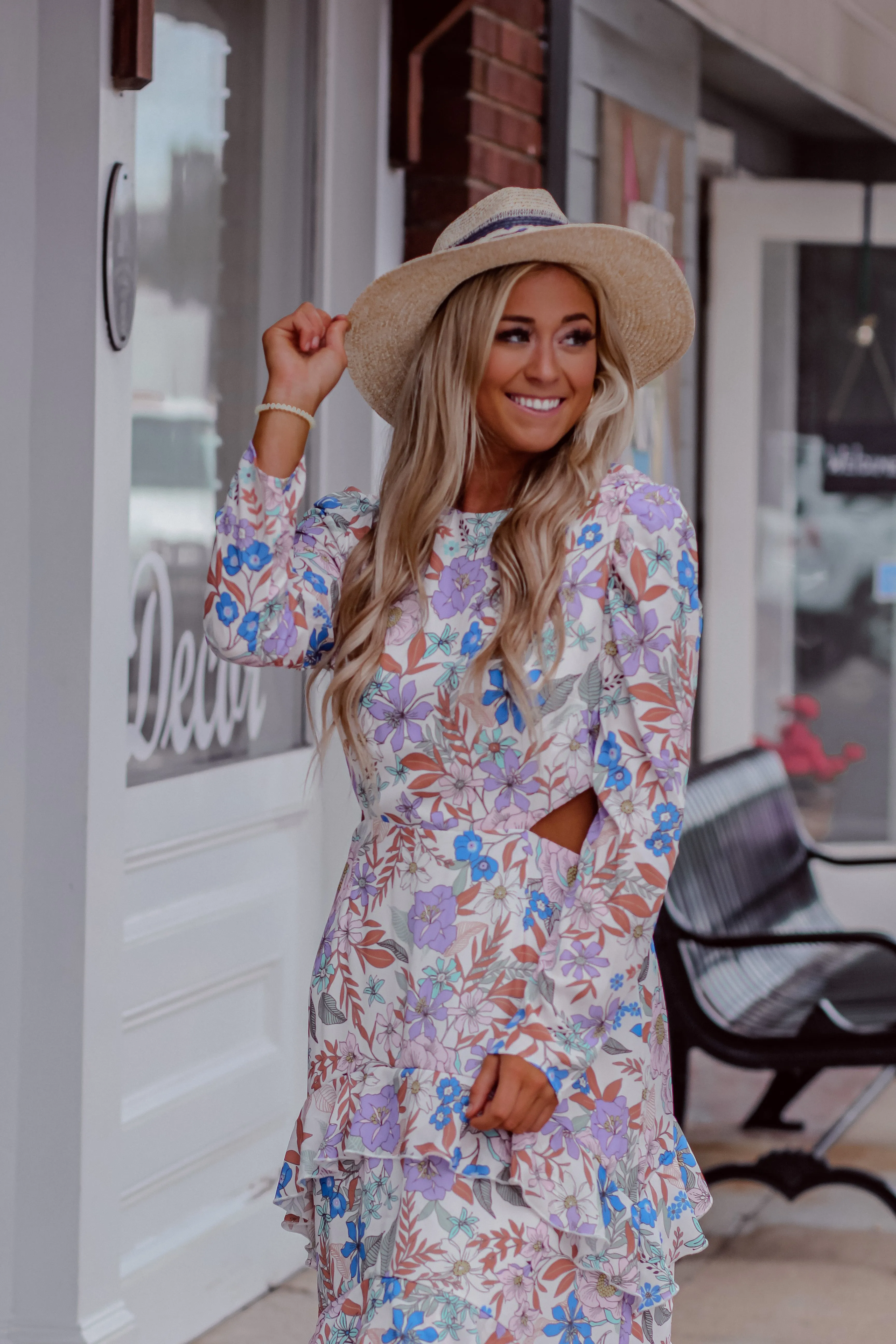 Floral Puff Sleeve Cut Out Midi Dress