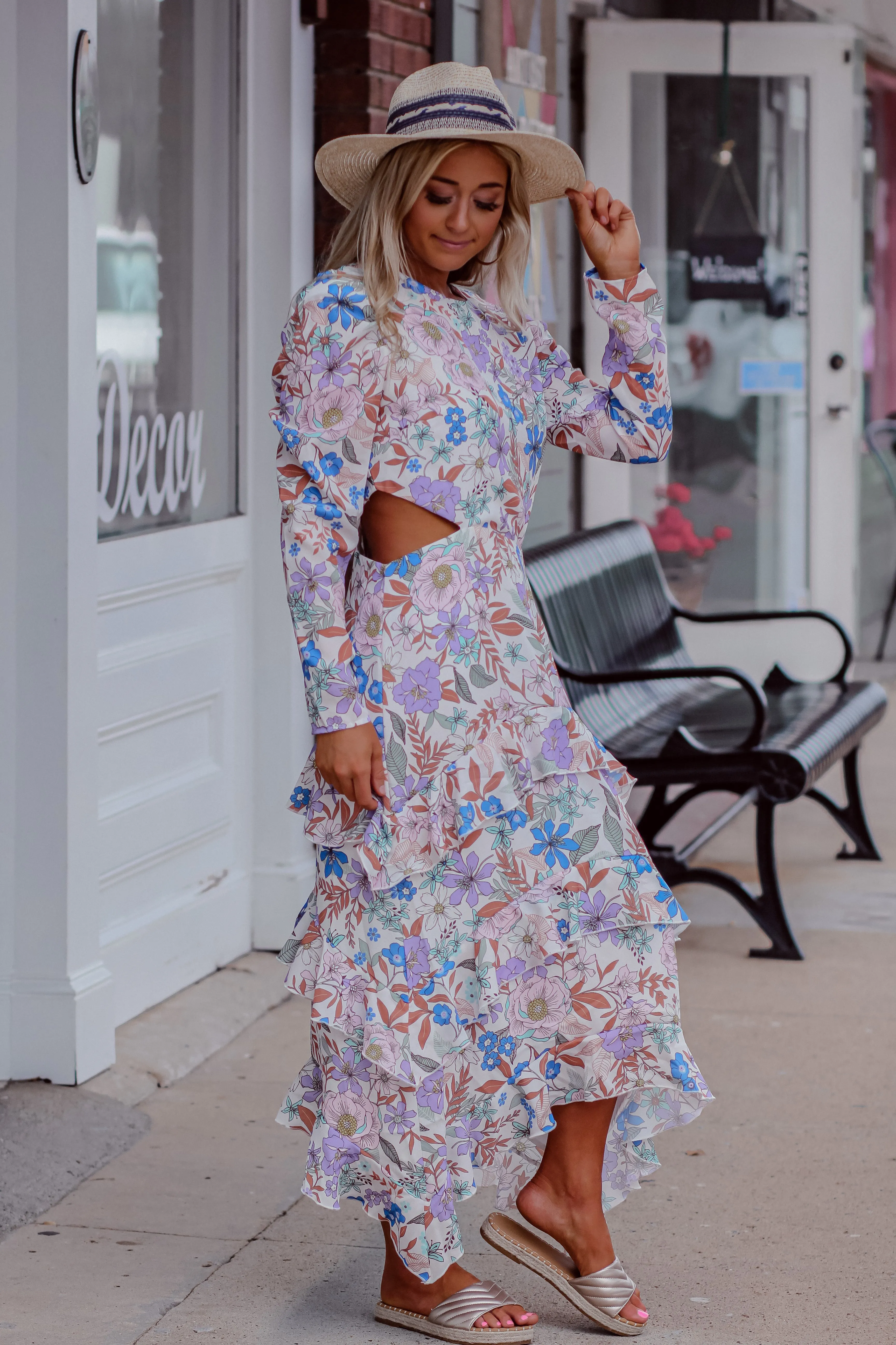 Floral Puff Sleeve Cut Out Midi Dress