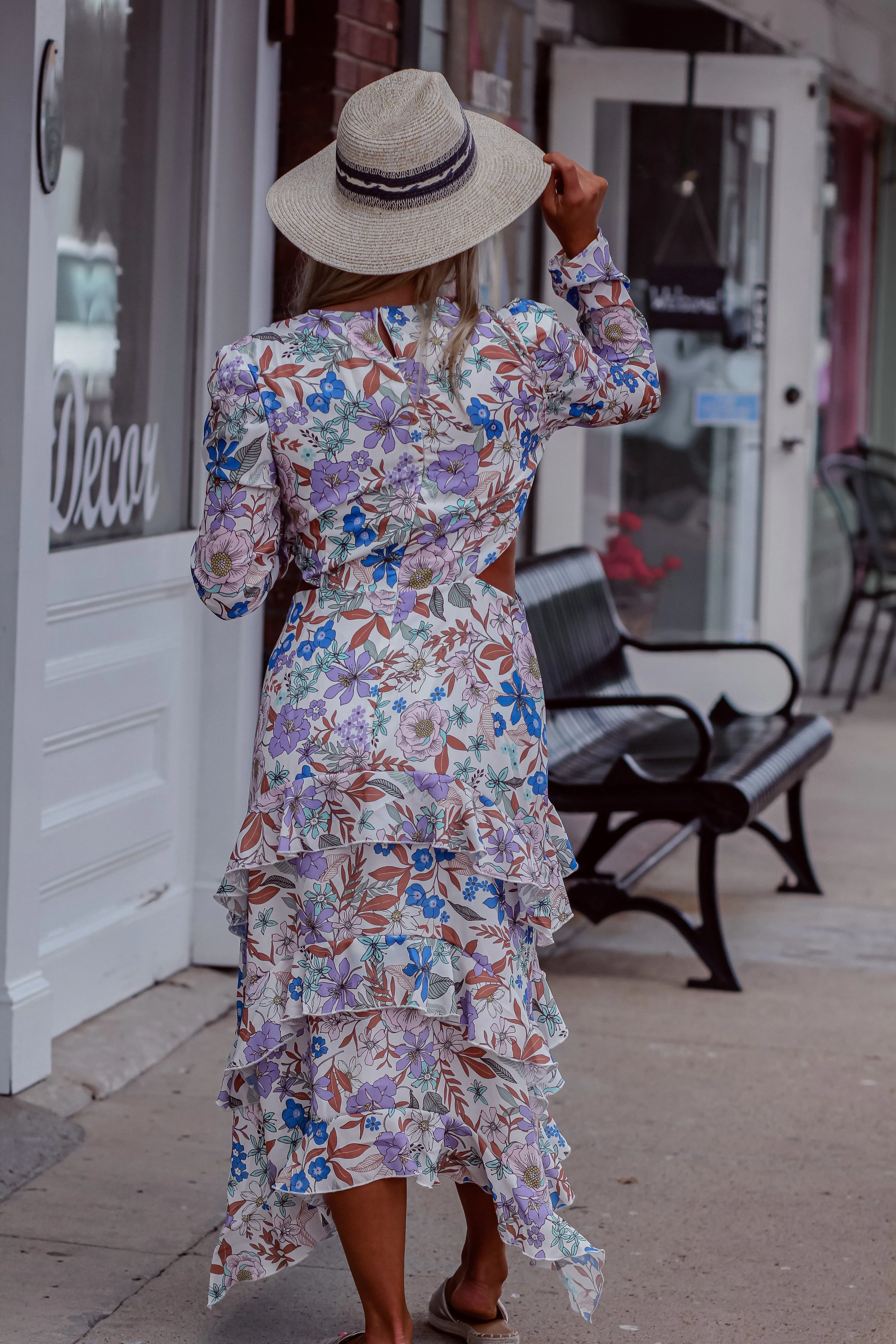 Floral Puff Sleeve Cut Out Midi Dress