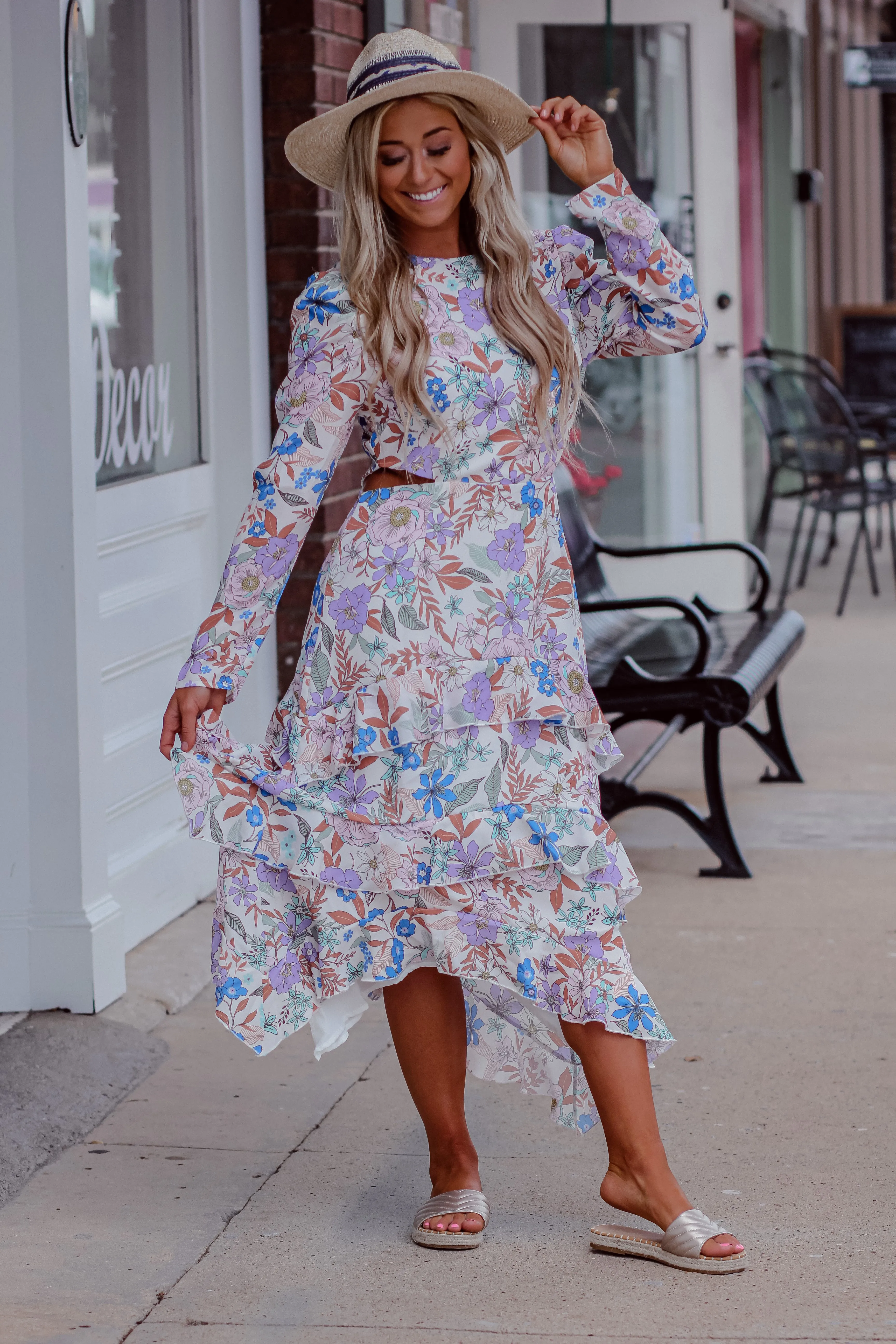 Floral Puff Sleeve Cut Out Midi Dress