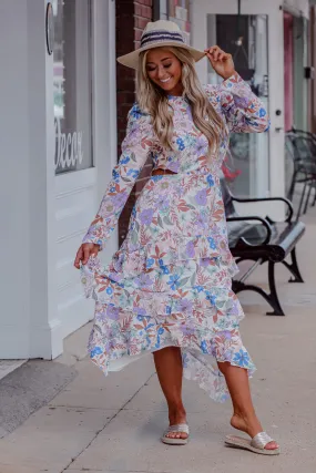 Floral Puff Sleeve Cut Out Midi Dress