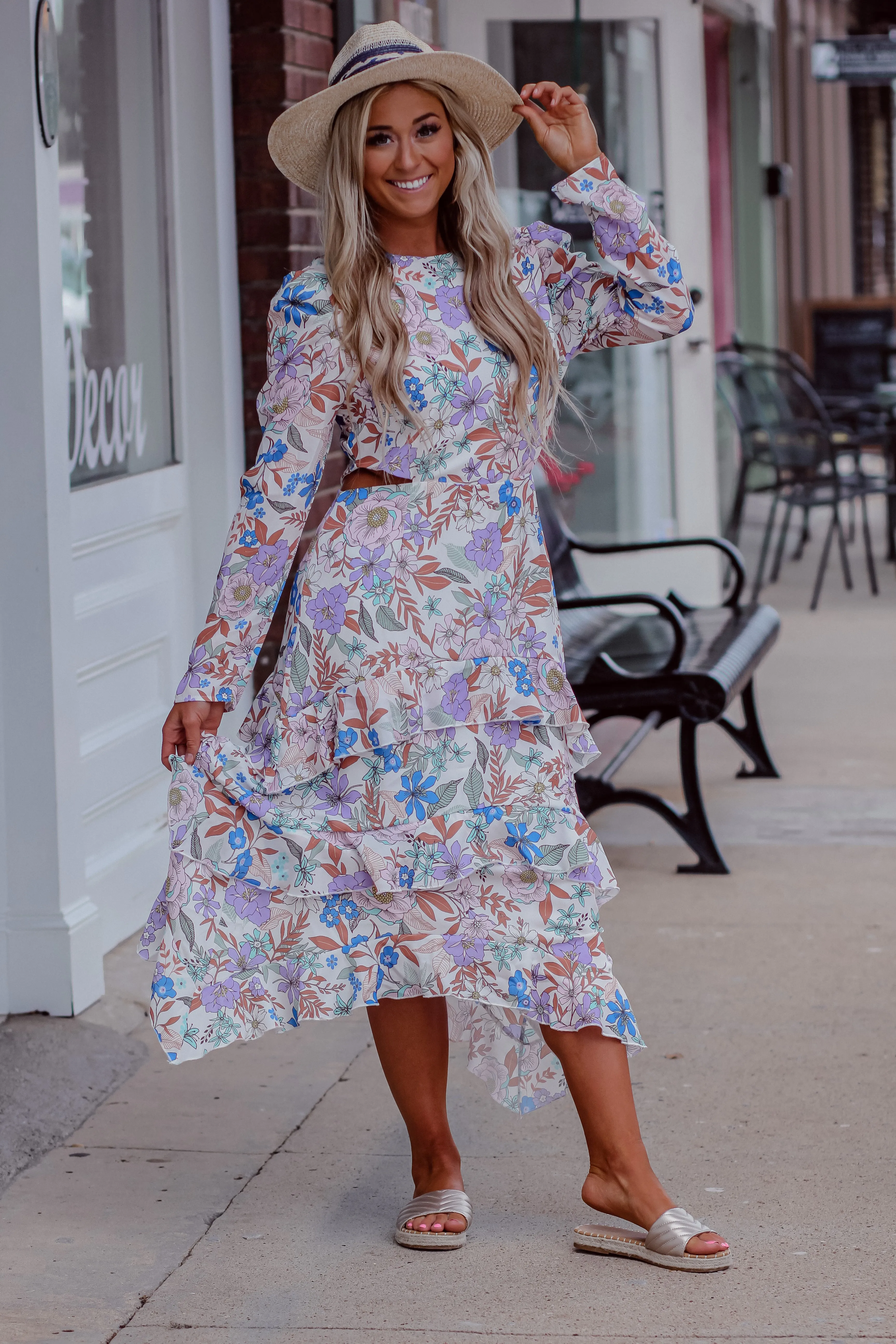 Floral Puff Sleeve Cut Out Midi Dress