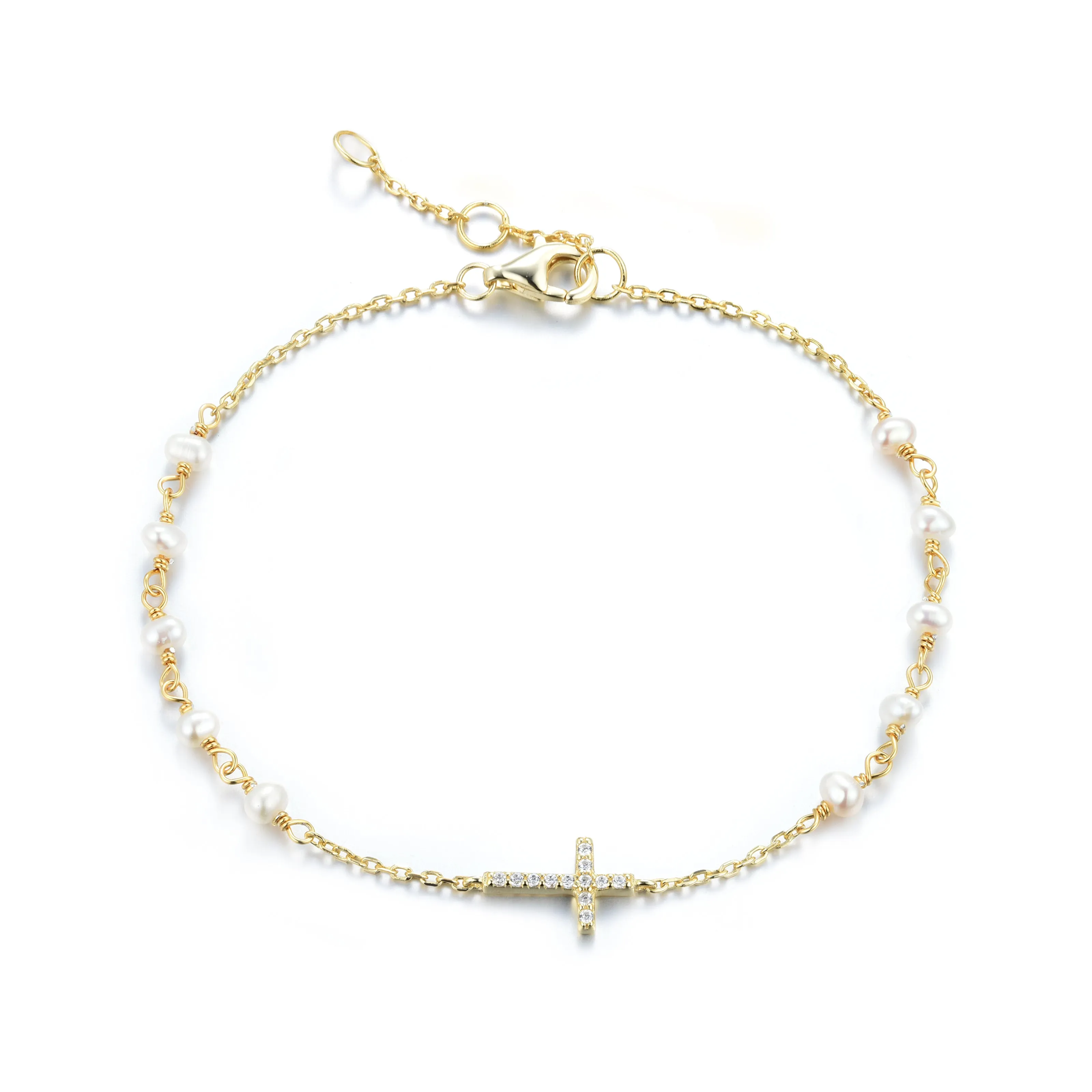GABRIELLA CROSS FRESHWATER PEARL BEADED GOLD BRACELET