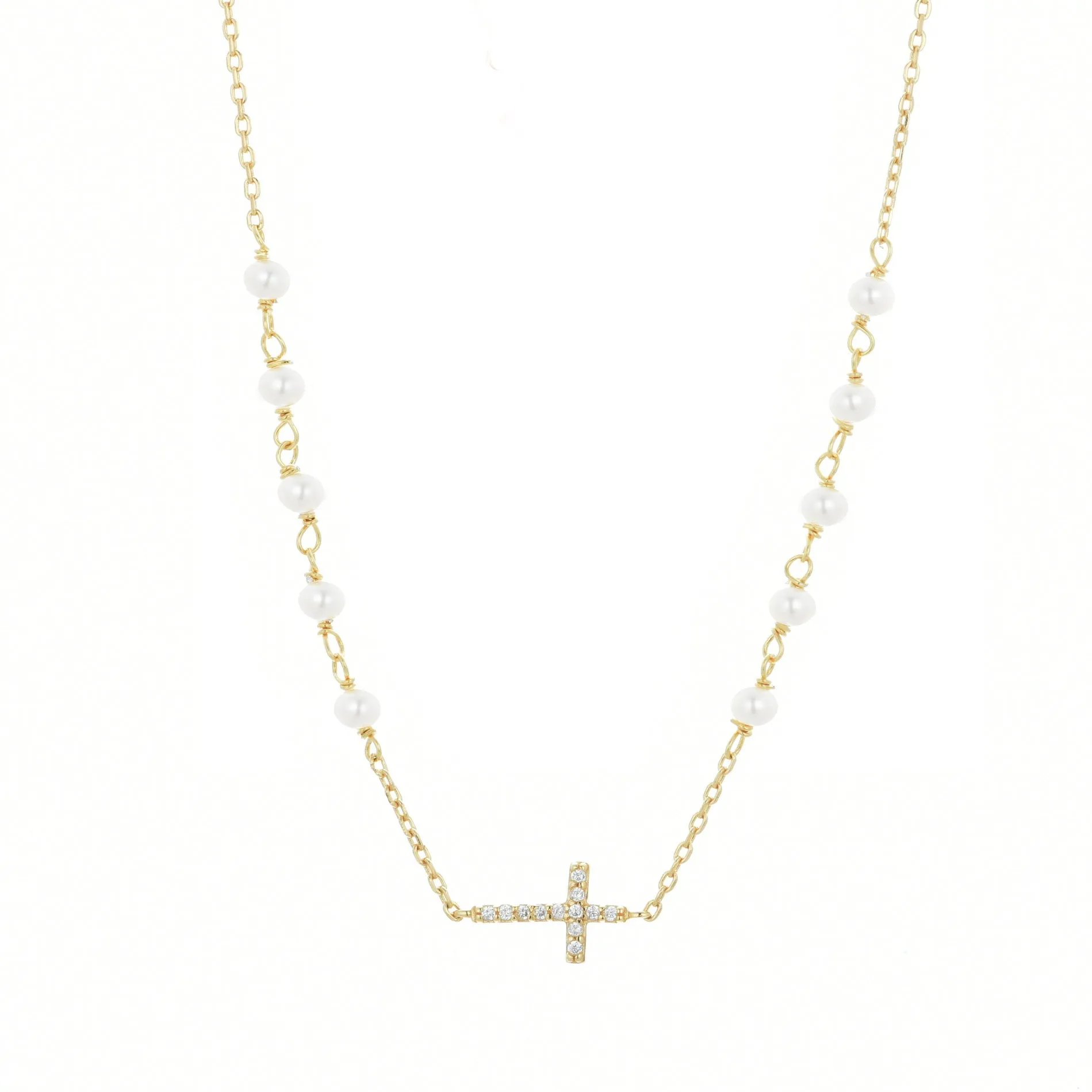 GABRIELLA CROSS FRESHWATER PEARL BEADED GOLD NECKLACE