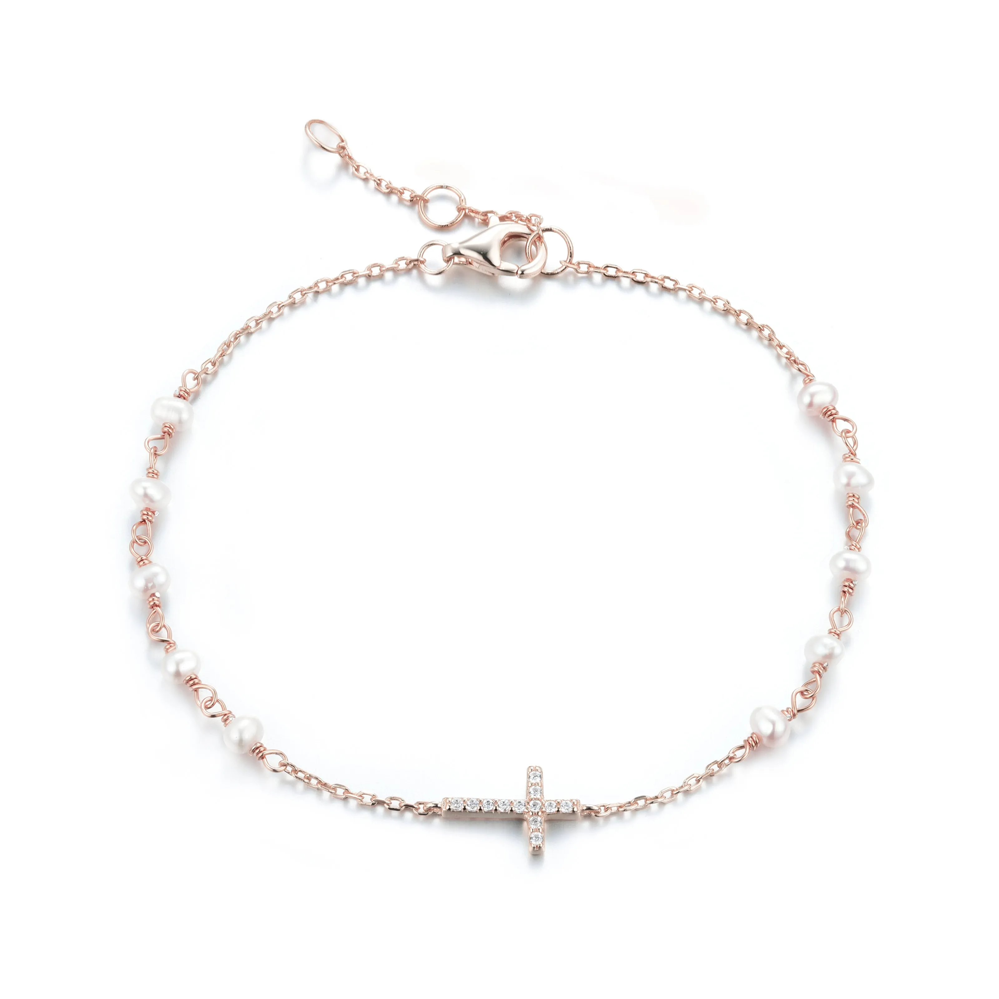 GABRIELLA CROSS FRESHWATER PEARL BEADED ROSE GOLD BRACELET