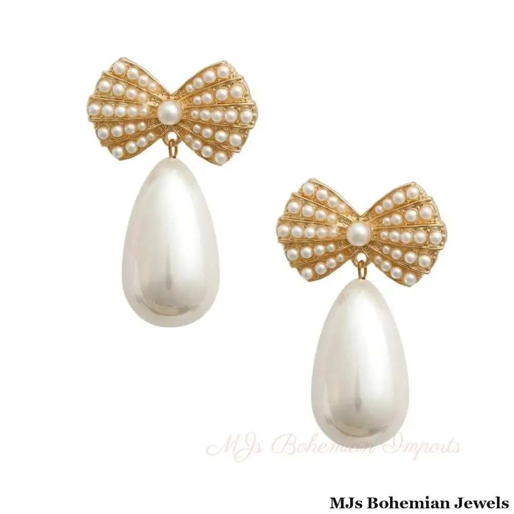 Gold Bow Cream Pearl Teardrop Earrings