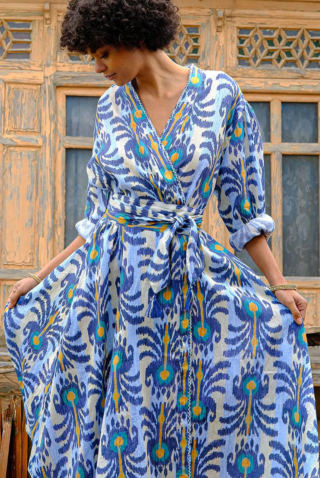 Golden Shower Dress Ikat Blue Yellow