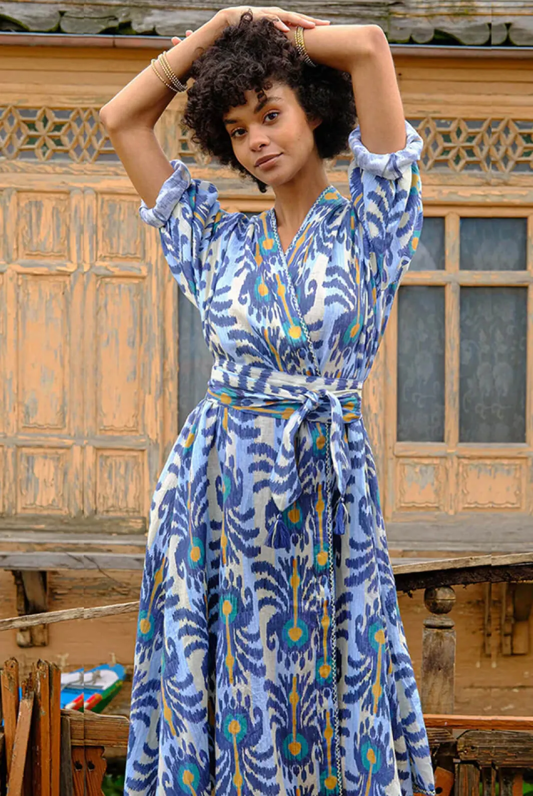 Golden Shower Dress Ikat Blue Yellow