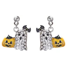 Halloween Costume Jewelry Crystal Rhinestone Goofy Pumpkin Ghost Earrings