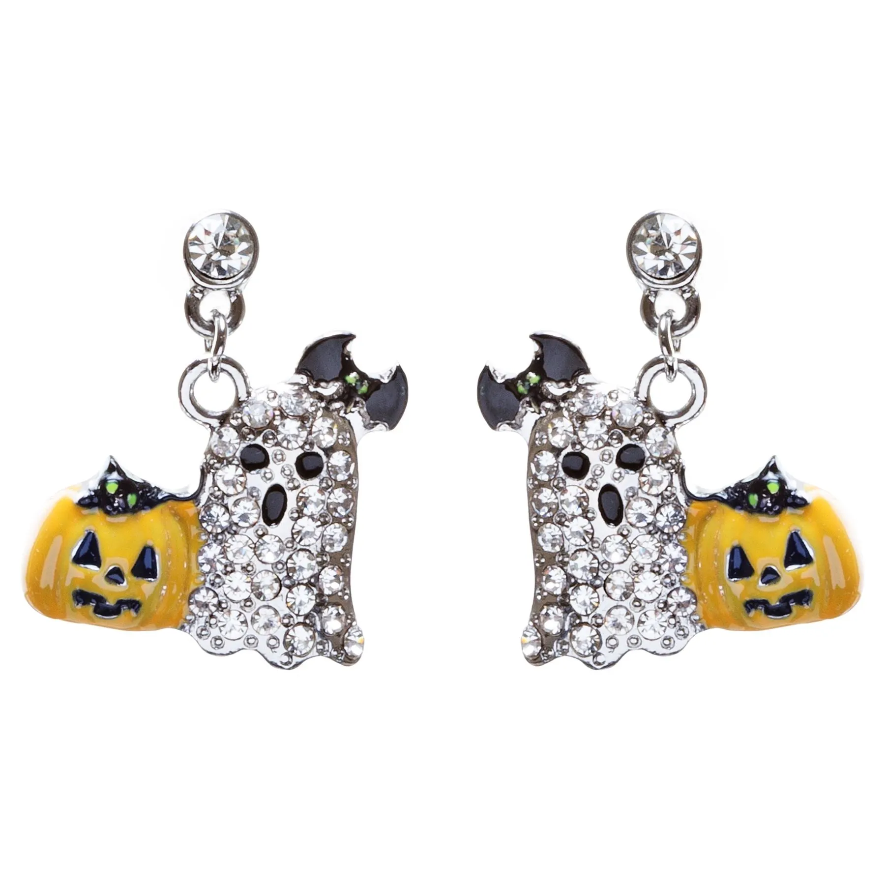 Halloween Costume Jewelry Crystal Rhinestone Goofy Pumpkin Ghost Earrings