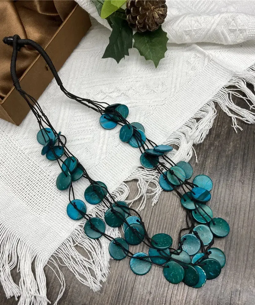 Handmade Green Cotton Linen Small Disc Gratuated Bead Necklace ML1389