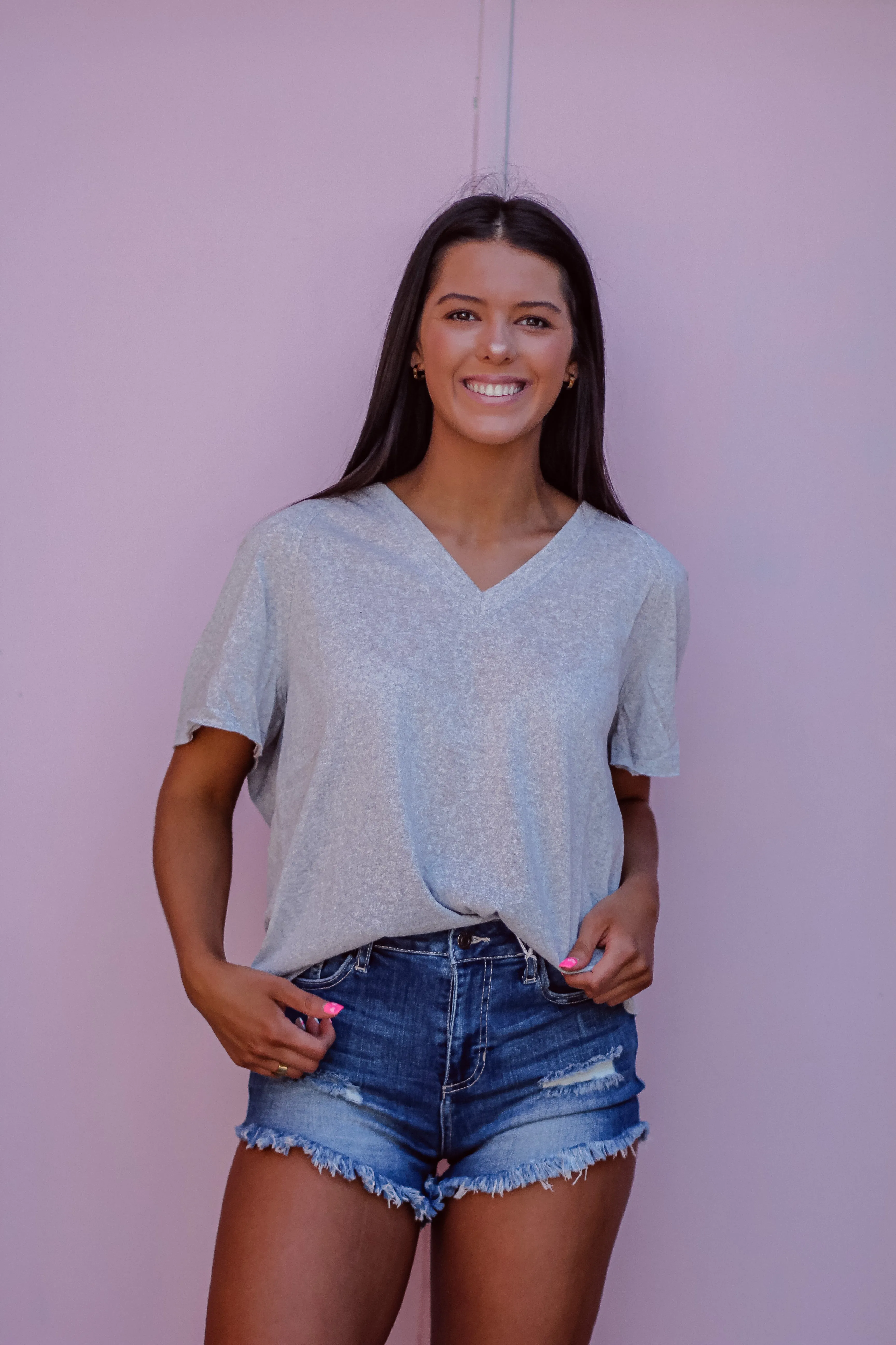 Heather Grey V Neck Contrast Stitch Top