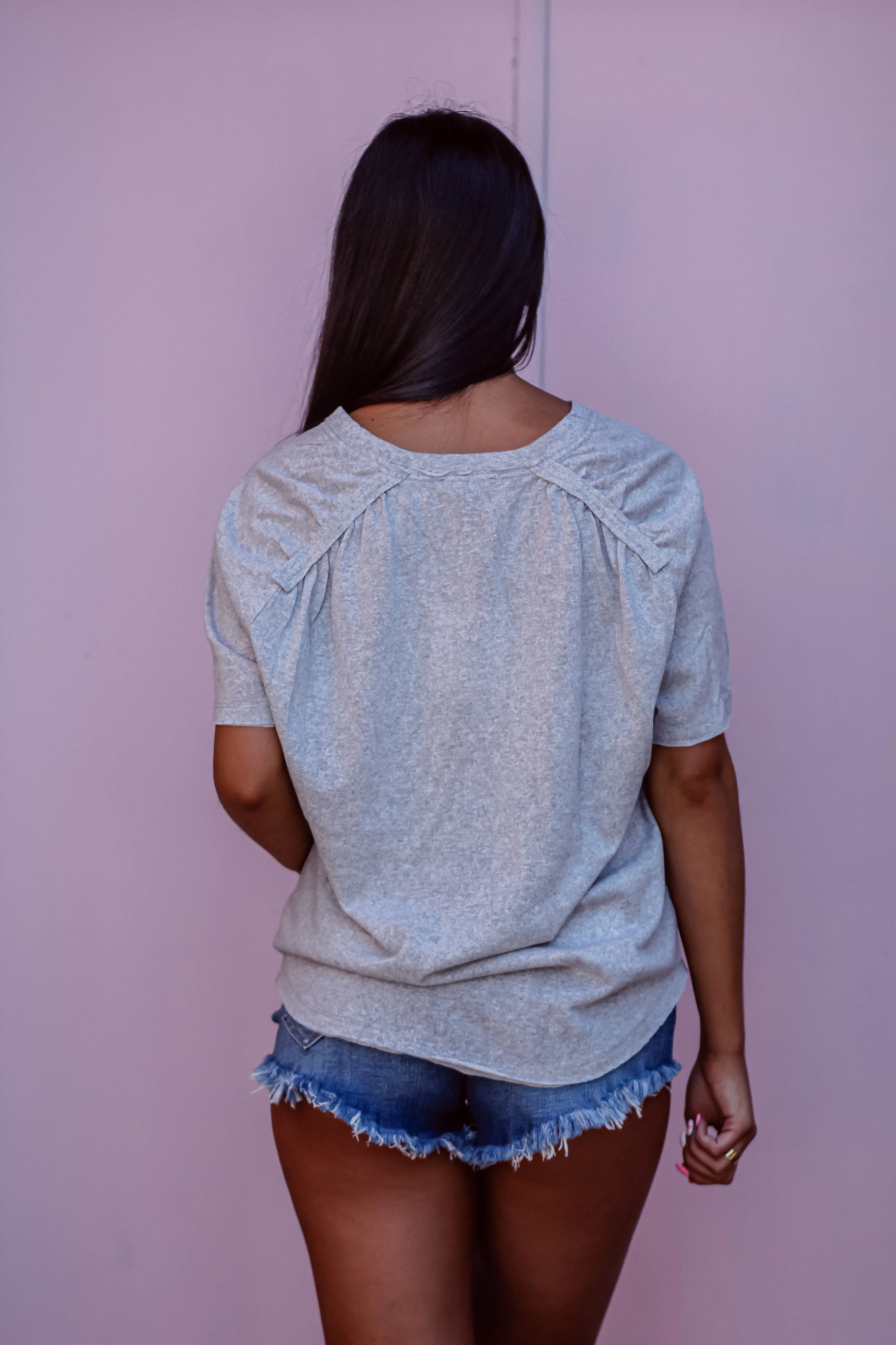 Heather Grey V Neck Contrast Stitch Top