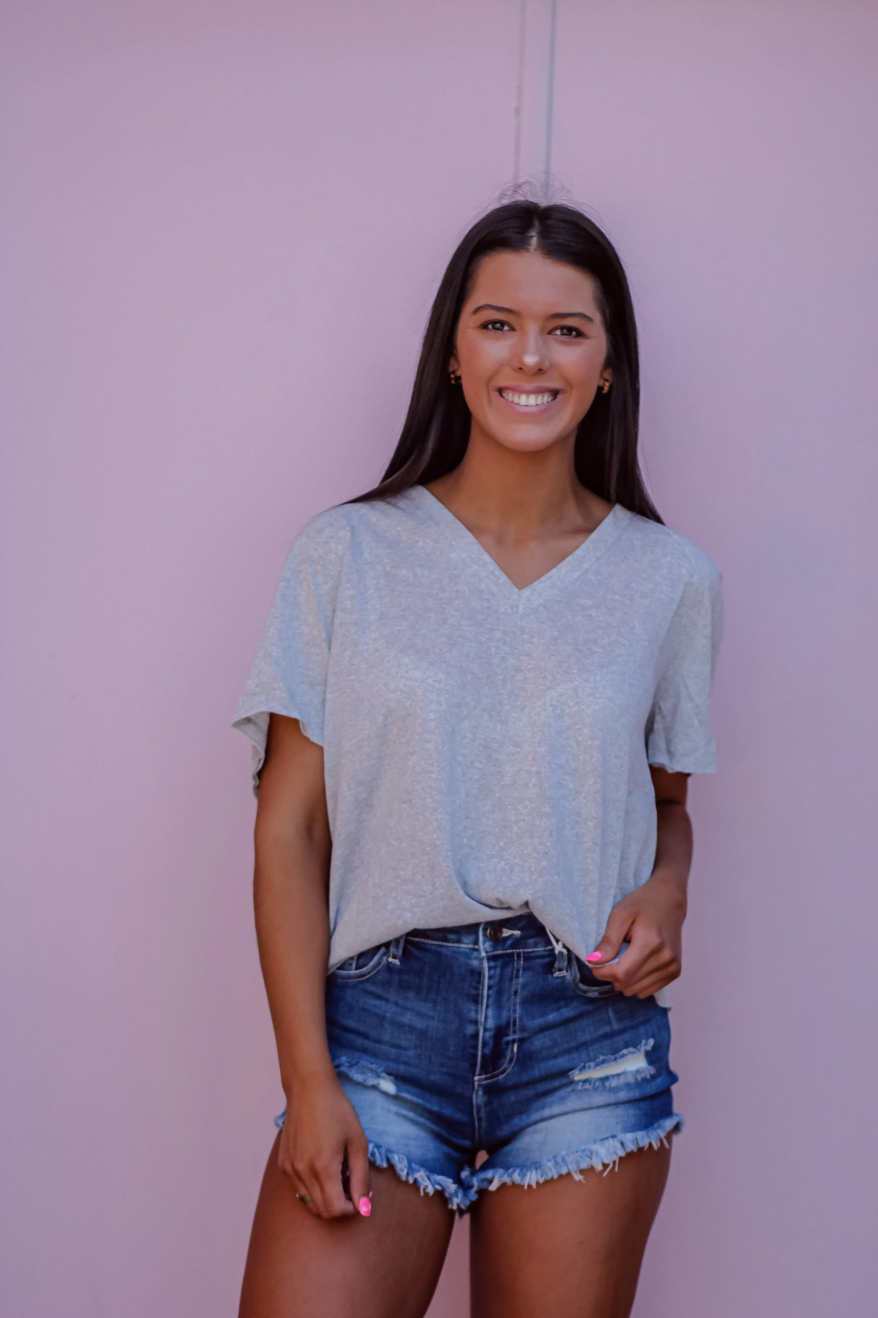 Heather Grey V Neck Contrast Stitch Top