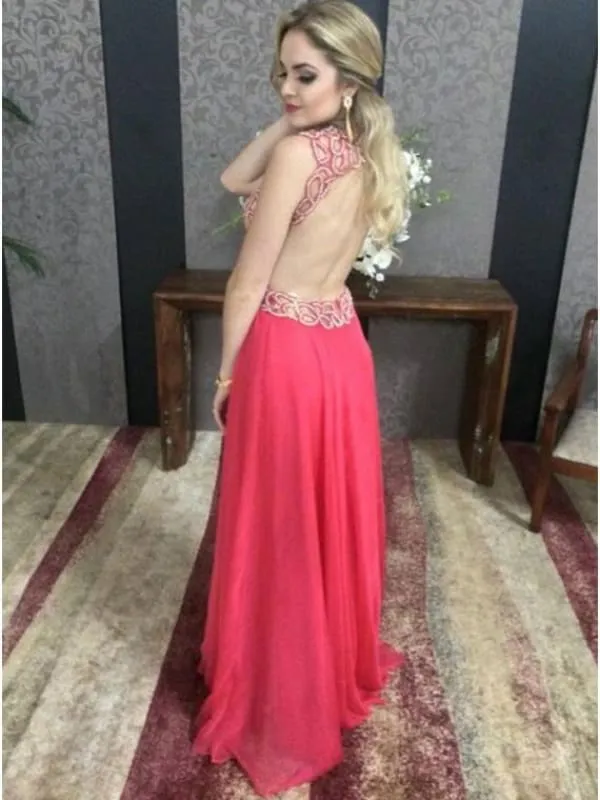 Hot Pink A-line Deep V-neck Chiffon Beading Backless Sleeveless Prom Formal Gown