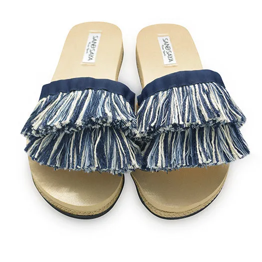 Irving-Stripe Fringe- White and Blue Stripe Waterproof Espadrille Flat