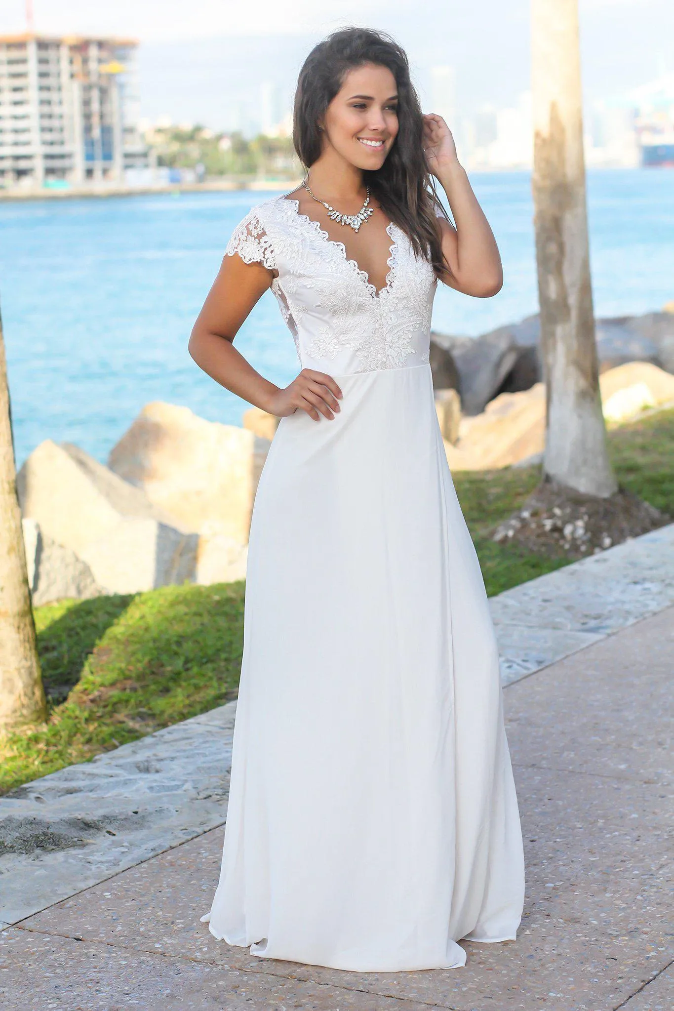 Ivory Maxi Dress with Embroidered Top and Slit
