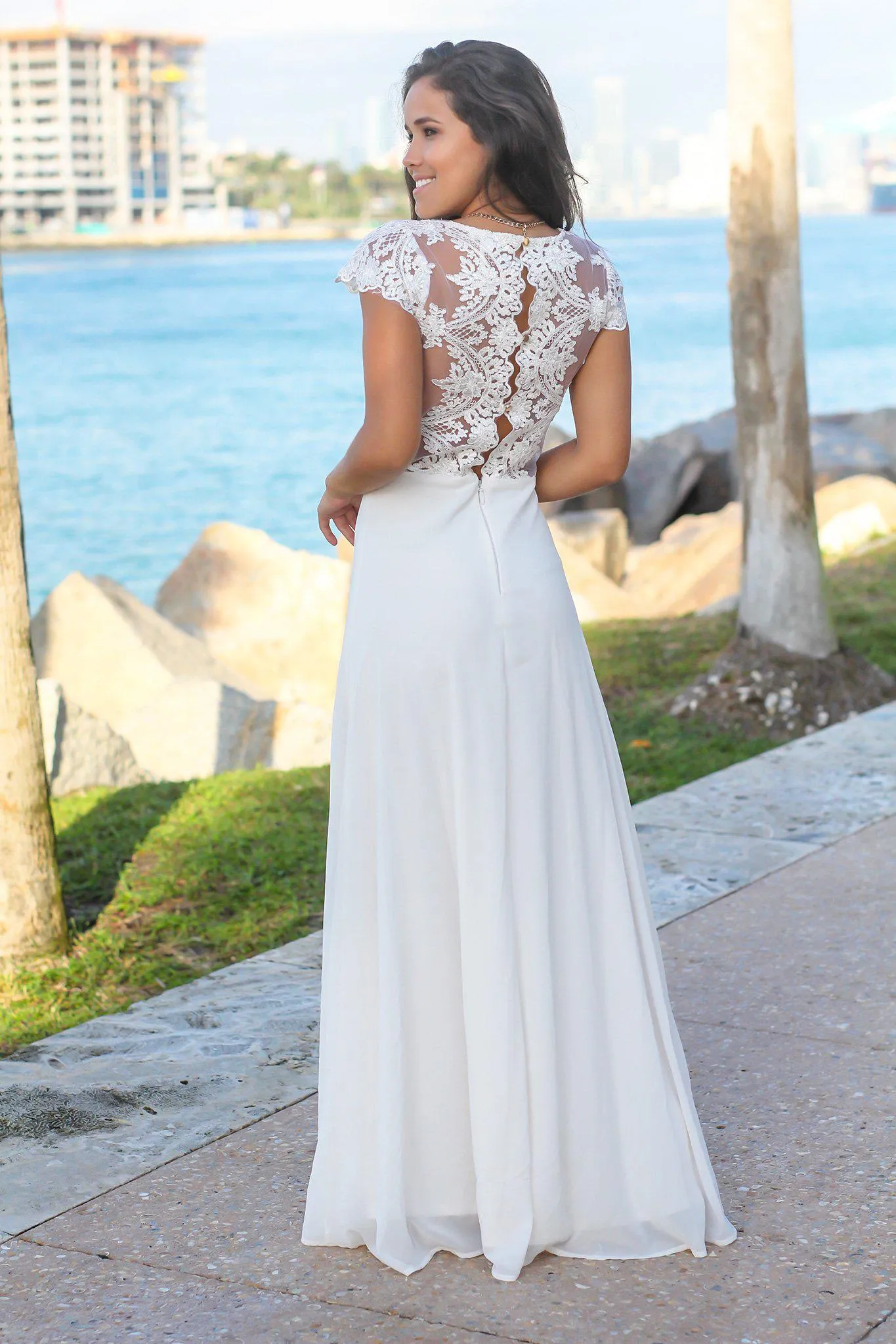 Ivory Maxi Dress with Embroidered Top and Slit