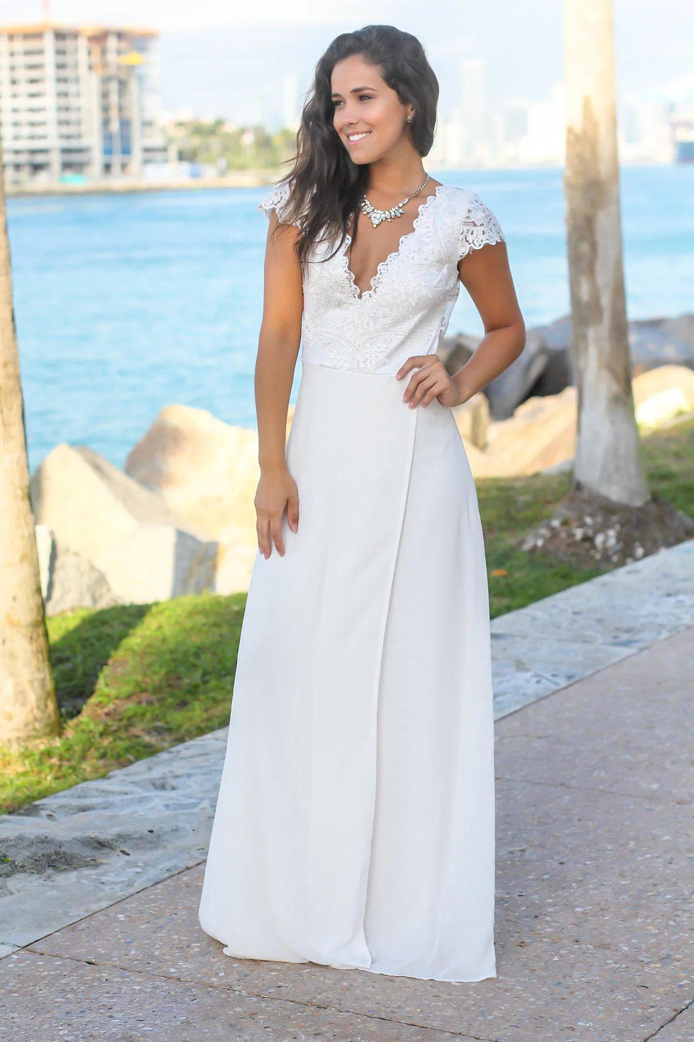 Ivory Maxi Dress with Embroidered Top and Slit