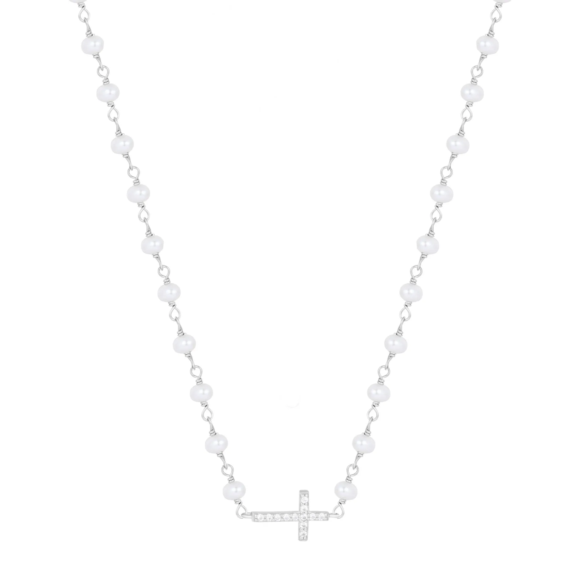 KATERINA CROSS FRESHWATER PEARL BEADED SILVER NECKLACE