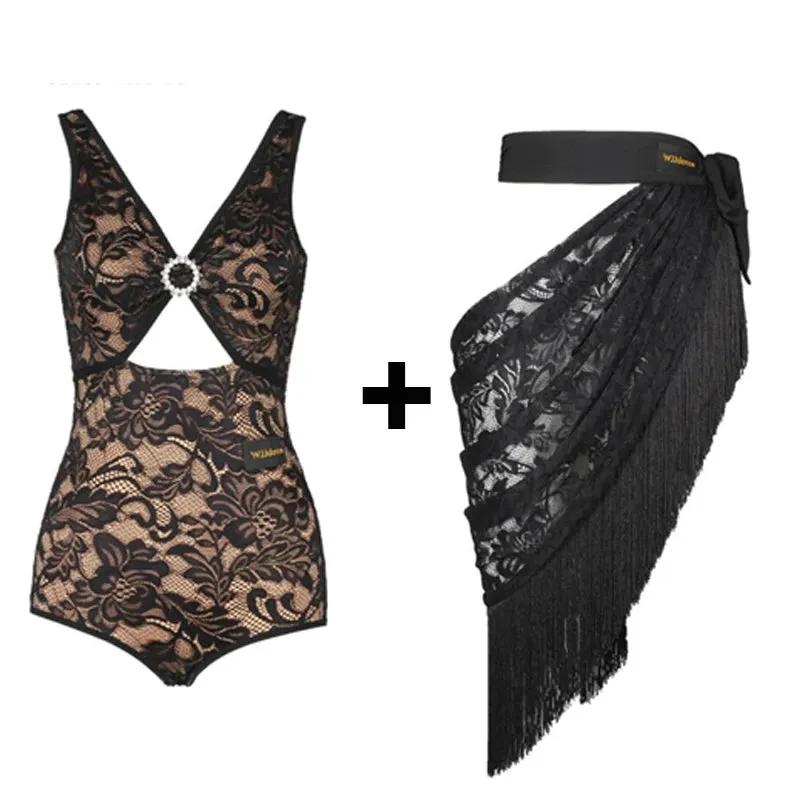 Latin Dress With Lace Top and Diamond Ring Cutout and A Lace Apron Fringe Skirt Pra 1383