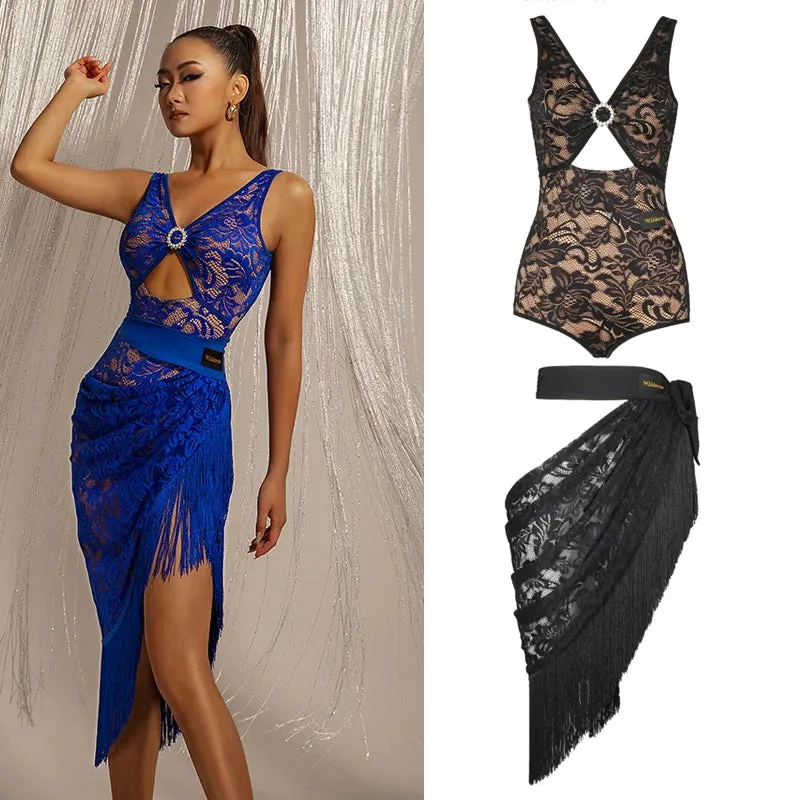 Latin Dress With Lace Top and Diamond Ring Cutout and A Lace Apron Fringe Skirt Pra 1383