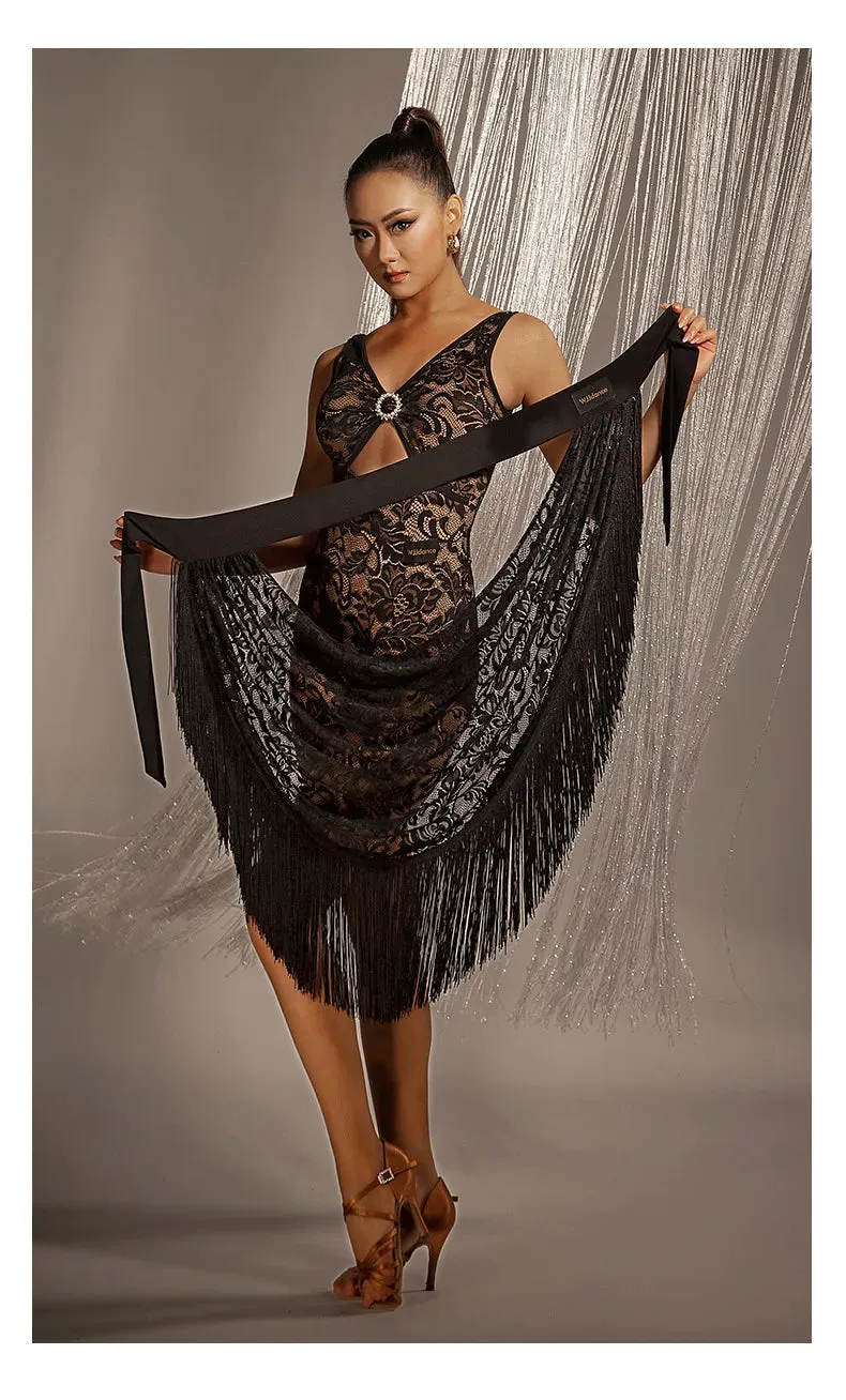 Latin Dress With Lace Top and Diamond Ring Cutout and A Lace Apron Fringe Skirt Pra 1383