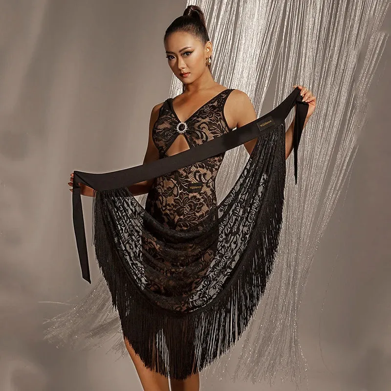 Latin Dress With Lace Top and Diamond Ring Cutout and A Lace Apron Fringe Skirt Pra 1383