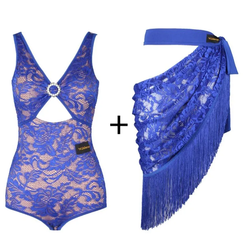 Latin Dress With Lace Top and Diamond Ring Cutout and A Lace Apron Fringe Skirt Pra 1383