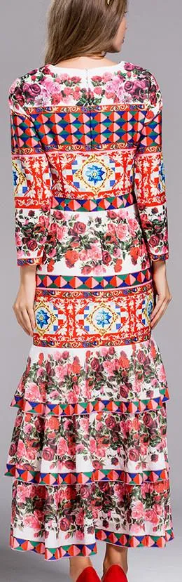 Long Multicolored Printed Tiered Hem Dress