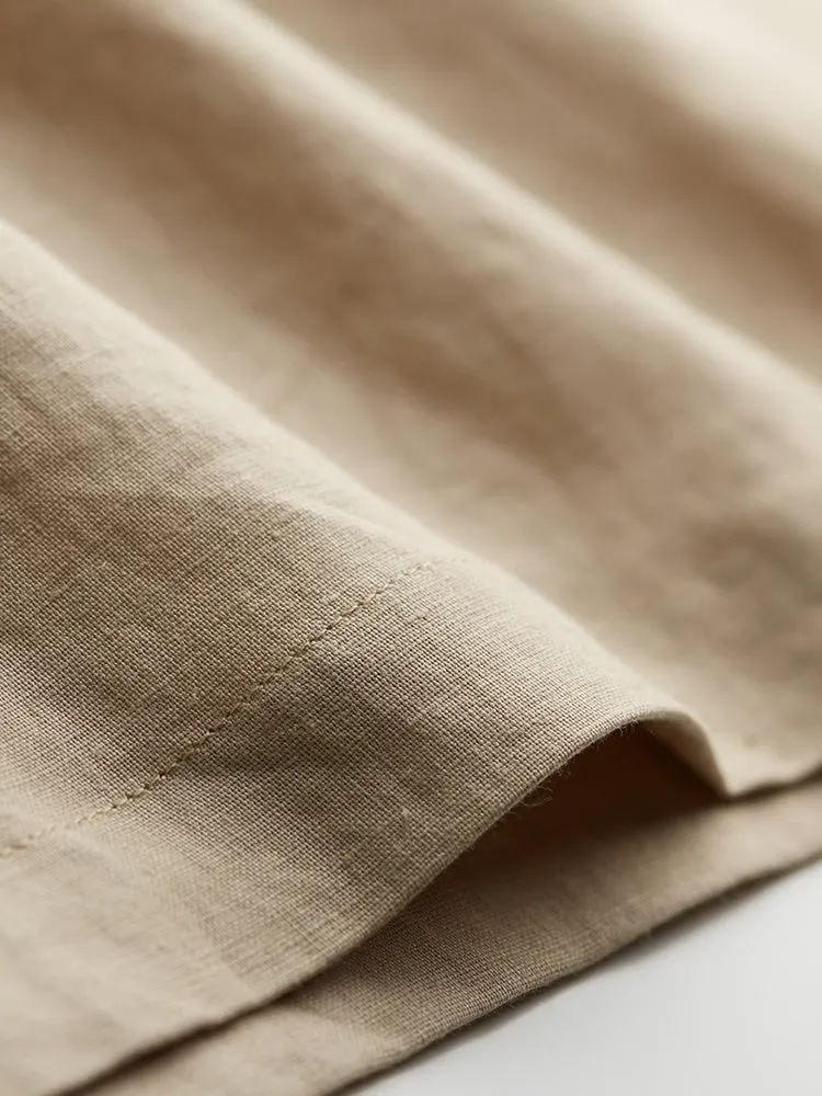 Long Sleeve Linen Dresses U Neck Spring Summer Khaki Women Dresses XH9657