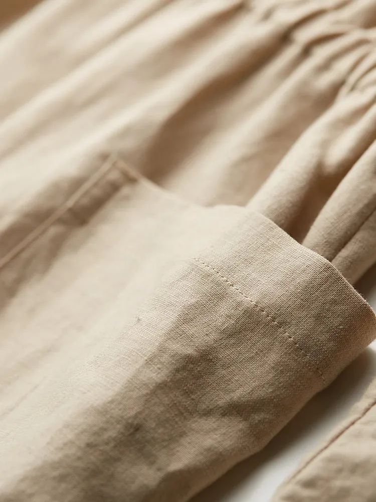 Long Sleeve Linen Dresses U Neck Spring Summer Khaki Women Dresses XH9657