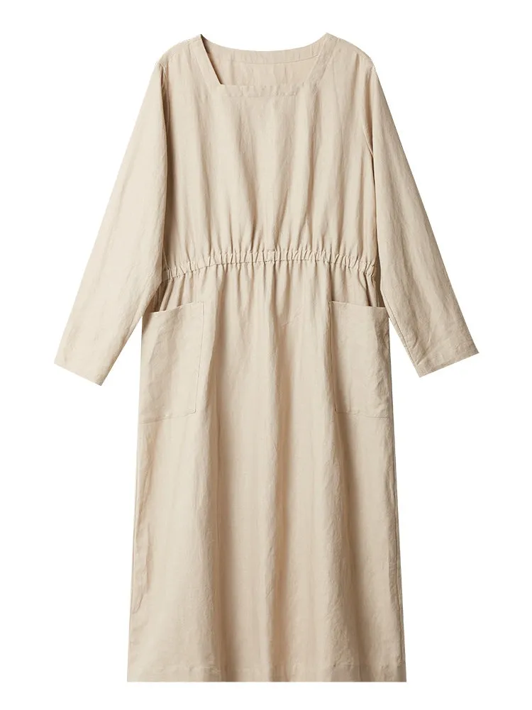 Long Sleeve Linen Dresses U Neck Spring Summer Khaki Women Dresses XH9657