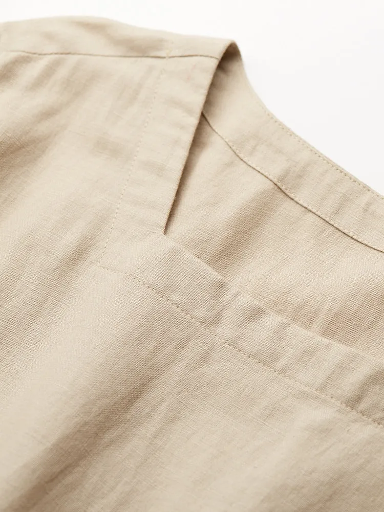 Long Sleeve Linen Dresses U Neck Spring Summer Khaki Women Dresses XH9657